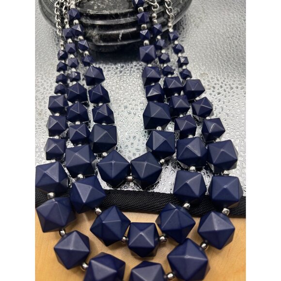 Charming Charly Chunky Geometric Blue Beaded Statement Necklace on Silver Chain - Picture 10 of 11